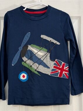 Mini Boden Baby Boy Navy Blue Long Sleeve Top with Airplane Appliqué